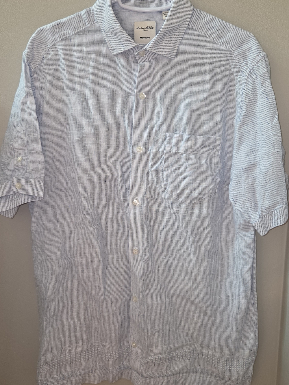Baird Mcnutt 100% Linen Short Sleeve Shirt, White Blue Stripes, Size M, Murano